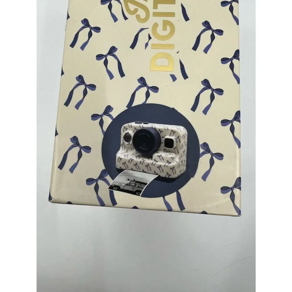 NIB XO Poppy White Digital insta-print Camera with Blue ribbon Accents